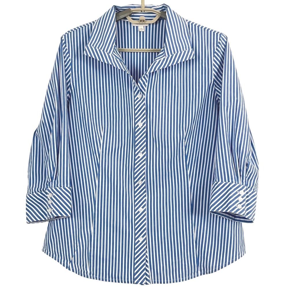 Talbots Petites Women 3/4 Sleeve Shirt 16P Blue White Striped Button Down Blouse